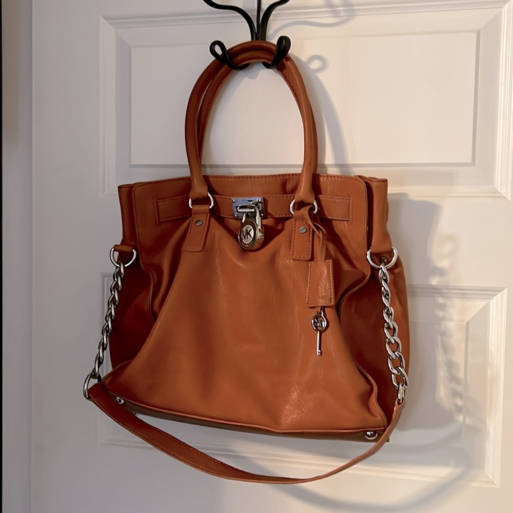 Michael Kors Hamilton Soft Leather Tan Satchel Bag with Silver Lock and Key Fob